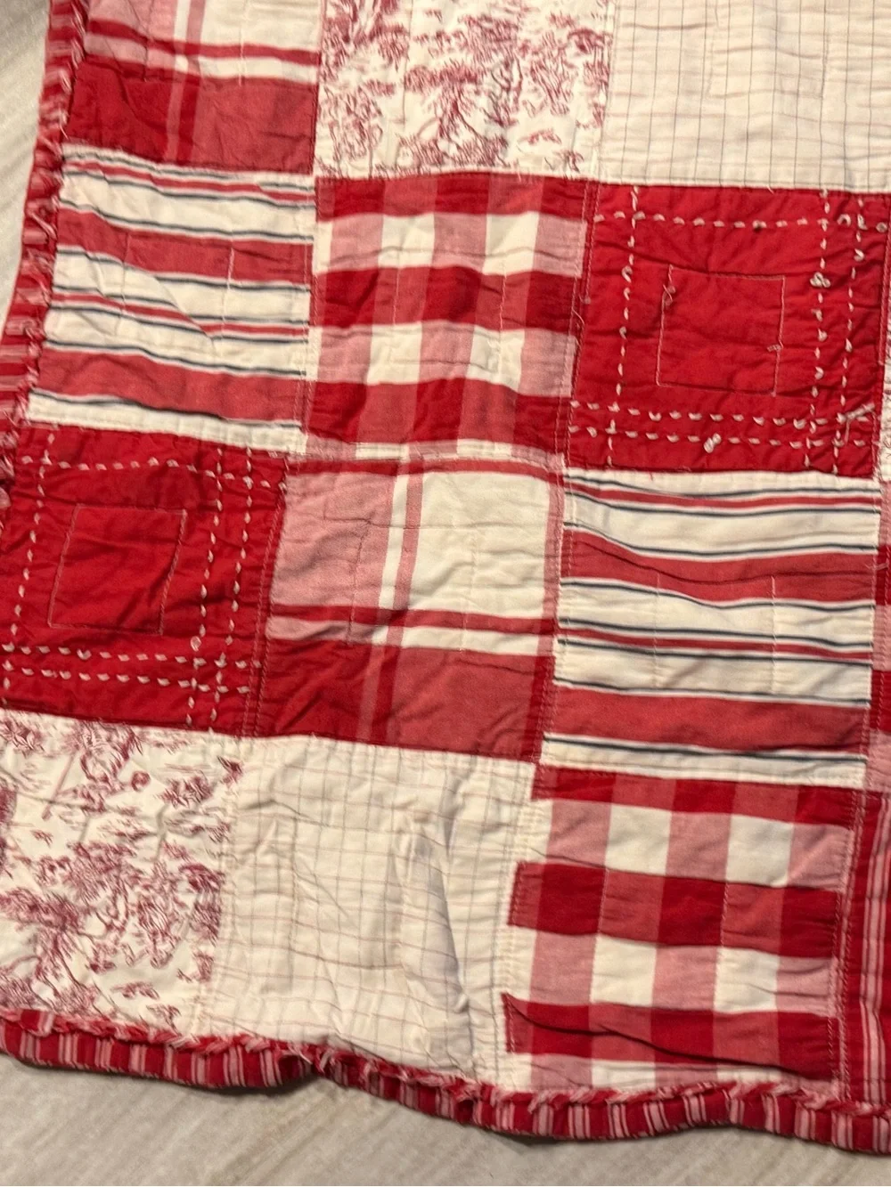Vintage Red Patchwork Cutter Quilt Checks Toile Stripes 46 x 84
